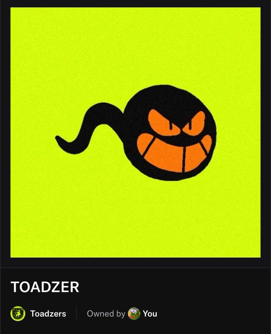 The image showcases a digital NFT named "TOADZER" featuring a cartoonish black bomb-like character with an orange menacing grin and a curly fuse, set against a vibrant lime green background. Owned by "You" under the "Toadzers" collection, it appears to be the prize for a giveaway requiring participants to swap 10 Goofyz on OpenSea.