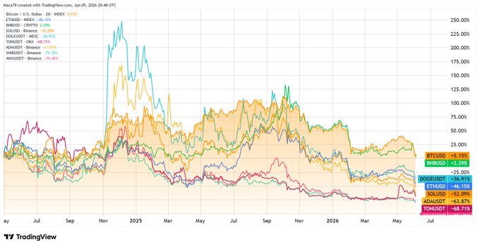 The image shows a colorful line graph displaying several different cryptocurrency values from May through December of 2004. The colors used for each bar represent varying levels of performance compared to Bitcoin, with many bars showing significant underperformance or negative growth when measured against Bitcoin's $BTC value. There is no text in the image that directly relates to the post about XRP and TRX.