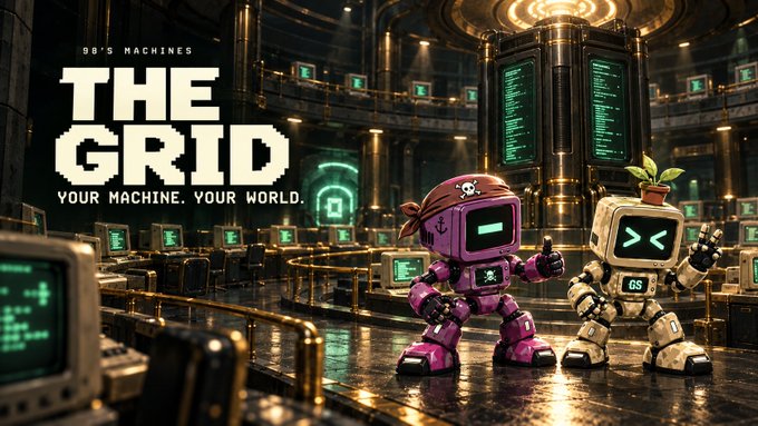 Digital artwork titled 'THE GRID' by 98's MACHINES with the tagline 'YOUR MACHINE. YOUR WORLD.' featuring a pirate robot and a potted plant robot in a high-tech facility.