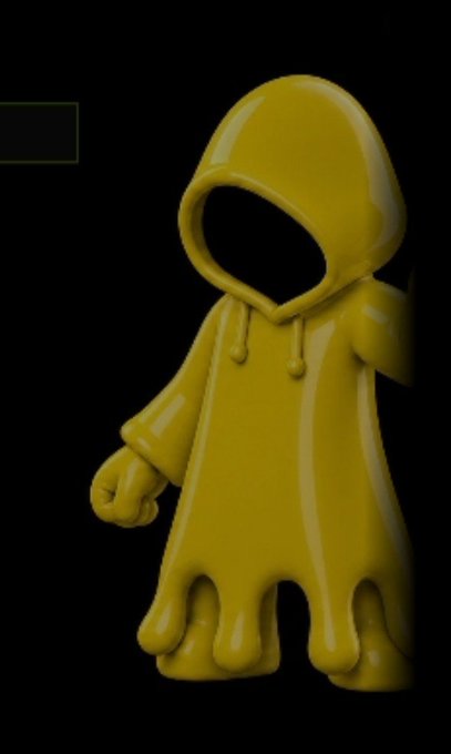 A 3D-rendered glossy yellow hooded figure resembling a melted character with no facial features, standing against a black background.