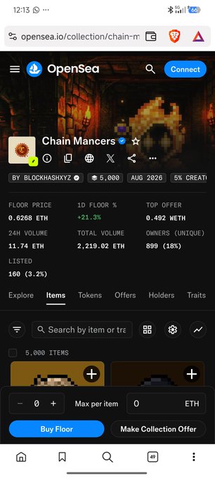 A mobile screenshot of OpenSea displays the 'Chain Mancrs' NFT collection by BLOCKHASHXYZ, showing 5,000 items, a floor price of 0.6268 ETH, 24-hour volume of 11.74 ETH, and 899 unique owners (18%).