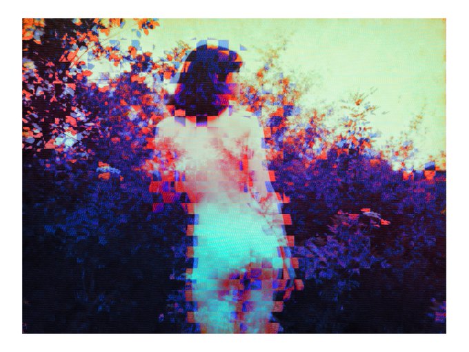 A glitch-art style image featuring a distorted, pixelated silhouette of a person against a background of lush foliage. The visual distortion and fragmented appearance reflect the concept of "The Last Version of You," suggesting a decaying or digital metamorphosis of identity.