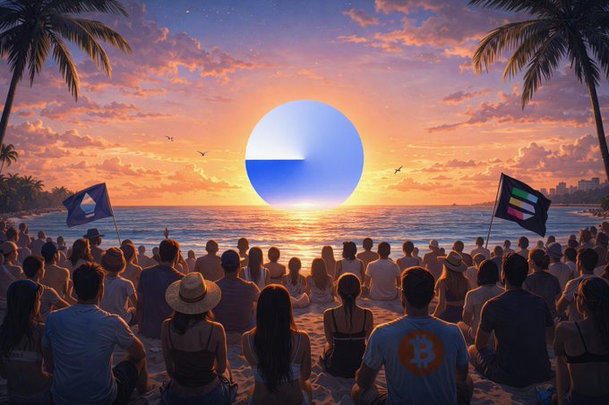 The image shows a large group of people sitting on the beach at sunset with palm trees behind them. The sky has a beautiful orange hue as the sun sets over the ocean. The people are gathered around, possibly watching a sunset or enjoying each other's company. The caption reads "This is the light of Base the force keeping crypto’s flame burning bright bright." This phrase could be interpreted in various ways depending on the context and interpretation of the viewer. It might represent the idea that cryptocurrencies have the potential to shine brightly, just like a sunset over the ocean. Alternatively, it could also symbolize the importance of blockchain technology or the decentralized nature of cryptocurrencies. The image captures a moment where people are enjoying themselves at the beach while contemplating the future implications and possibilities of cryptocurrency.