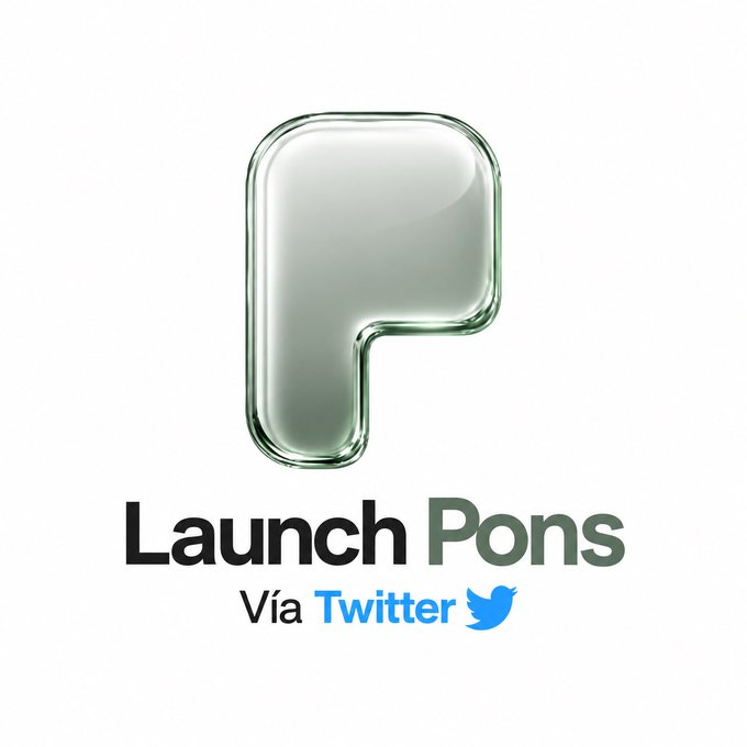 A glass-like, 3D-rendered letter 'P' logo sits above the text 'Launch Pons Vía Twitter' with the Twitter bird icon.