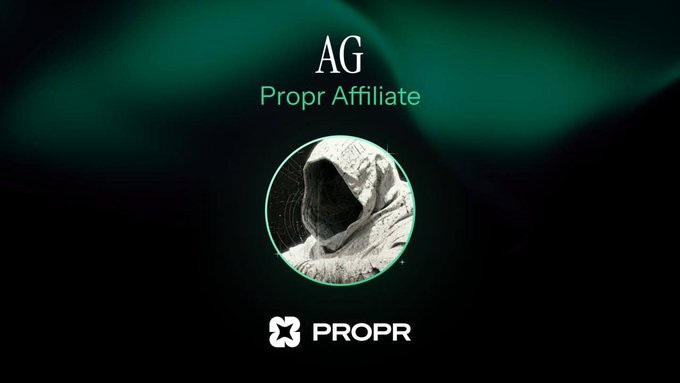 A dark branded graphic with green accents reads "AG Propr Affiliate" above a hooded figure avatar in a circle, with the PROPR logo at the bottom.