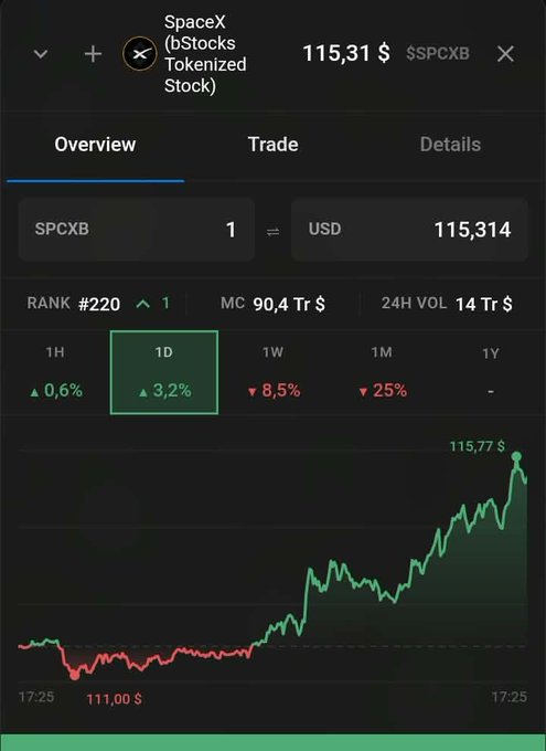 A stock tracking app displays the price of SpaceX (bStocks Tokenized Stock) ticker SPCXB at $115.314 USD, showing a 1D gain of 3.2% on a green line chart with a peak of $115.77.