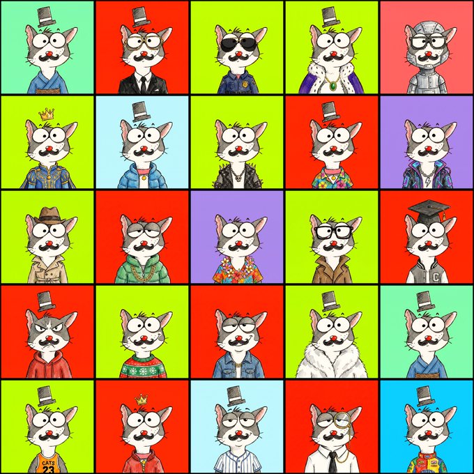 A 5x5 grid displays cartoon cat illustrations, each with a red nose and mustache, dressed in various outfits including suits, hoodies, and crowns against brightly colored backgrounds.