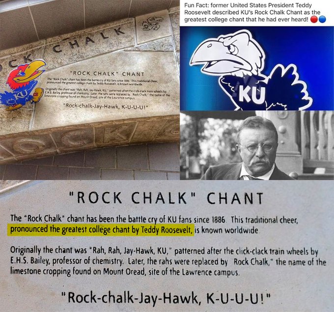 A collage celebrates KU's "Rock Chalk" chant, featuring the Jayhawk mascot, a plaque explaining that former President Teddy Roosevelt pronounced it the greatest college chant, and the full chant spelling out "Rock-chalk-Jay-Hawk, K-U-U-U!"