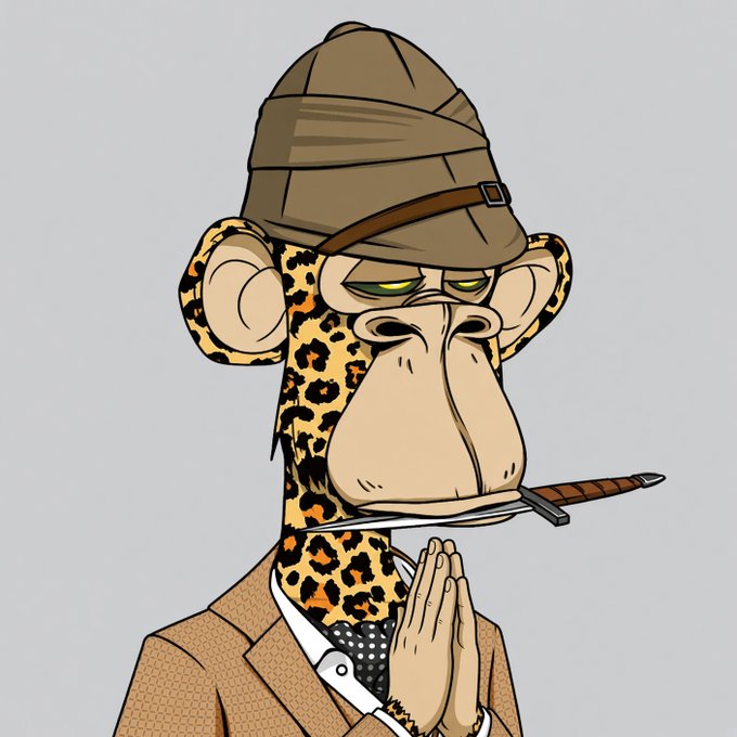 Cartoon illustration of a Bored Ape character wearing a safari hat and suit, holding a rifle in its mouth while praying.