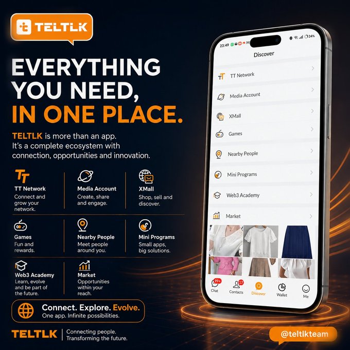 A promotional graphic for TELTLK app showcasing features like TT Network, Media Account, XMall, Games, Nearby People, Mini Programs, Web3 Academy, and Market with the tagline 'Everything you need, in one place.'