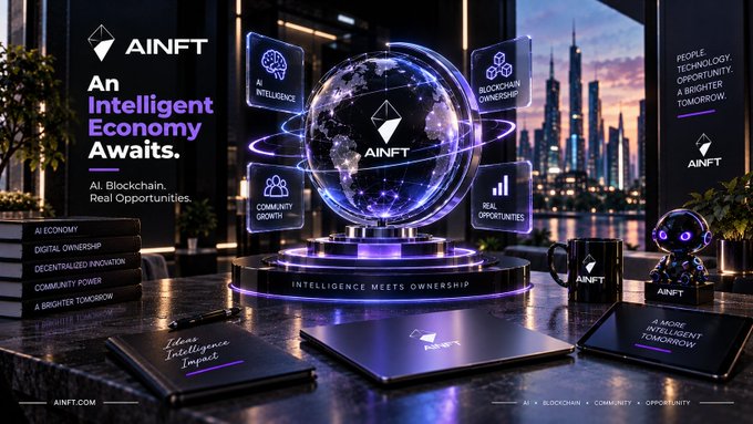 A promotional image for "AINFT" featuring a glowing globe, with text including "An Intelligent Economy Awaits", "AI. Blockchain. Real Opportunities.", and tags like "AI INTELLIGENCE" and "COMMUNITY GROWTH".