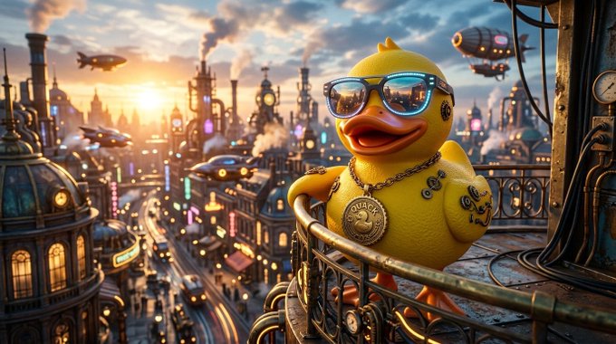 A stylish duck wearing sunglasses, a gold chain with a medallion, and tattoos leans on a railing overlooking a steampunk-inspired cityscape at sunset with airships in the sky.