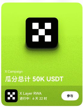 A green-themed promotional graphic for X Campaign featuring a black logo with white squares, displaying Chinese text and '瓜分总计 50K USDT' along with 'X Layer RWA' and a participation button.