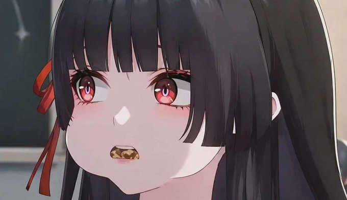 An anime-style close-up of a girl with long dark hair, red eyes, and a red ribbon, who has food in her mouth and a slight blush on her cheeks.