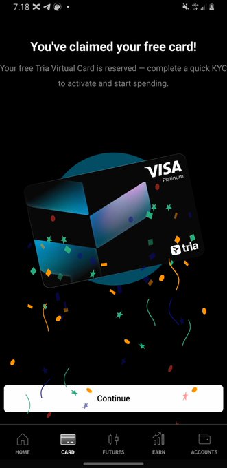 The image shows an app screen with a Visa credit card claim form for a virtual reward program. The form asks users to confirm their identity, which could be through a selfie or a photo of their driver's license. The user must then enter their name and email address in order to claim the reward. The post on social media encourages users to participate by sharing their completed claim with friends and followers.