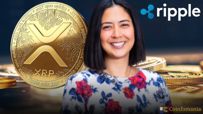 A smiling woman stands in front of a backdrop featuring gold XRP Ripple coins and the Ripple logo, with a "Coinformania" watermark in the corner. The image visually represents the post's focus on Mónica Long, Ripple's president, who discussed $XRP as a bridge asset and its role in credit and financing structures at XRP Seoul.