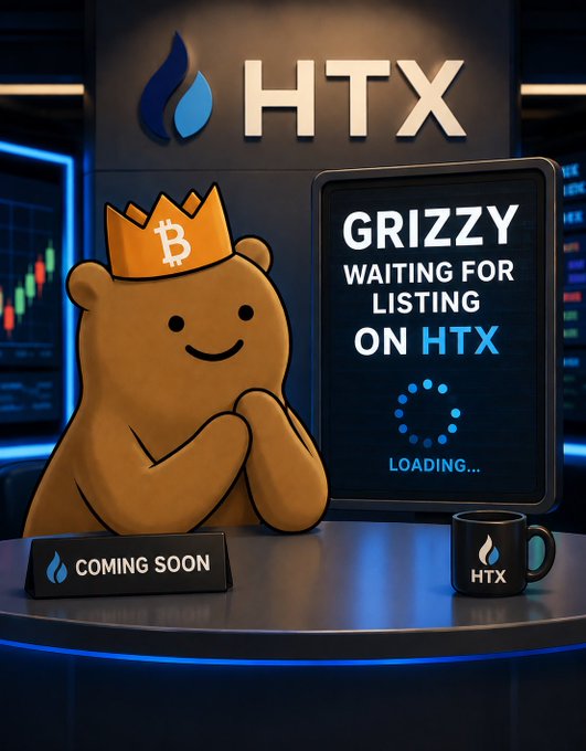 A promotional image featuring a cartoon bear wearing a Bitcoin crown next to a sign reading "GRIZZY WAITING FOR LISTING ON HTX" with "COMING SOON" text.