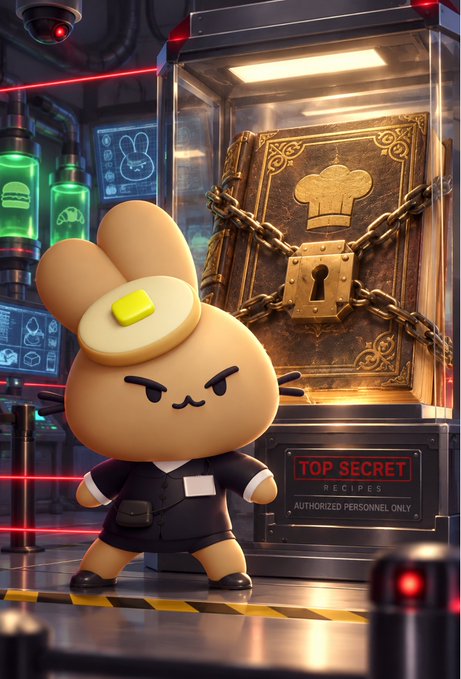 A stern, egg-flipping bunny chef stands guard in front of a chained "TOP SECRET RECIPES" vault labeled "AUTHORIZED PERSONNEL ONLY," playfully reinforcing the PancakeSwap post by protecting their mysterious stock recipe behind lasers and locks.