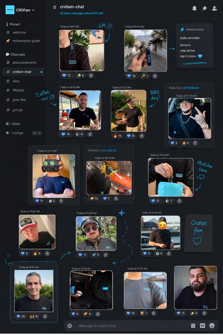 A CROFAM Discord interface showing the #crofam-chat channel with multiple photo posts from community members, including one replying to a user.