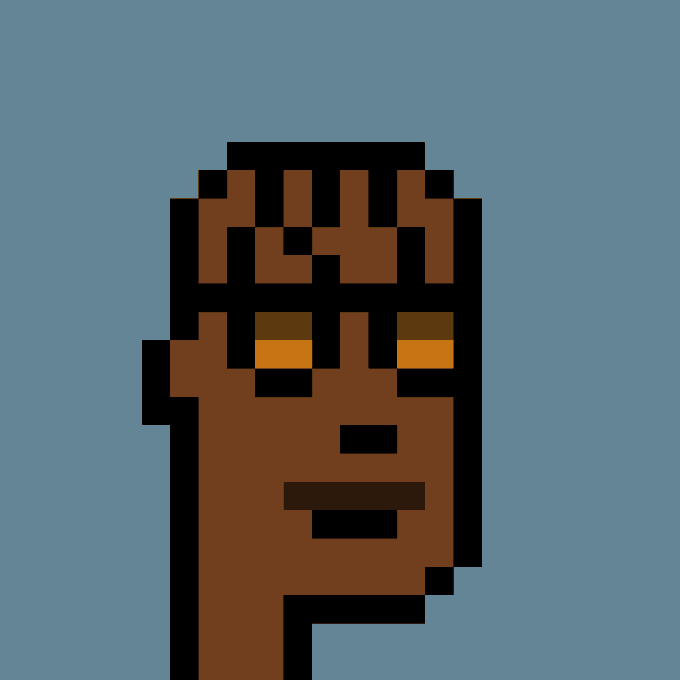 A pixel art illustration depicts a stylized head with dark brown hair and glowing orange eyes against a solid grey background.