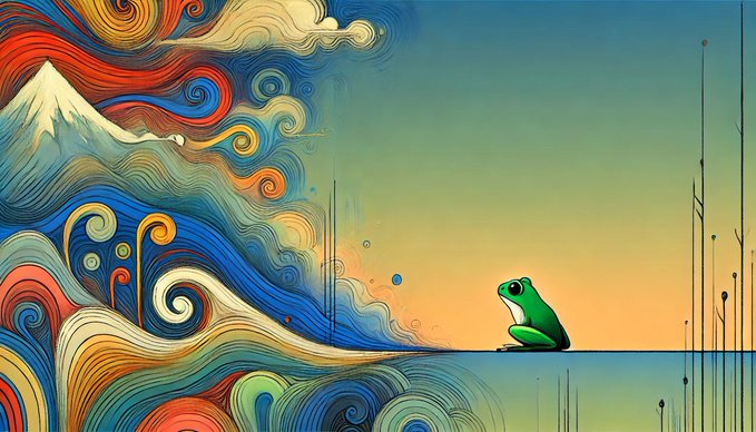 A colorful, stylized digital artwork of a green frog sitting on the edge of a cliff, with swirling Van Gogh-esque clouds and a mountain landscape in the background.