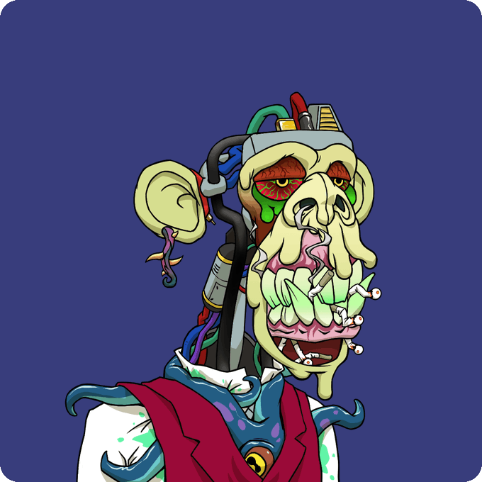 The image features a cartoon depiction of a robot-like creature with a face, dressed in a suit and tie, standing against a blue background. The creature has a large mouth filled with teeth and appears to be wearing a hat. The caption below the image reads "Mutant #9983 Bought for 1.99 ETH 0x1f92...Bc97 0x54dF...4843 etherscan.io/tx/0xcb49ca0c9 ... Return to Monke: opensea.io/collection/mut".