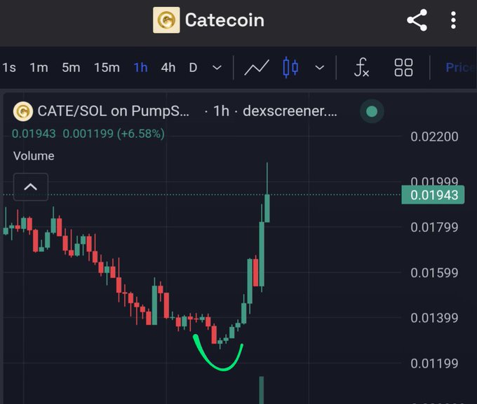 A candlestick chart for Catecoin (CATE/SOL) on Dexscreener shows a sharp V-shaped recovery on the 1-hour timeframe, with price climbing from roughly 0.01199 to 0.01943 (+6.58%), illustrating the "60% up from the bottom" rebound mentioned in the post.
