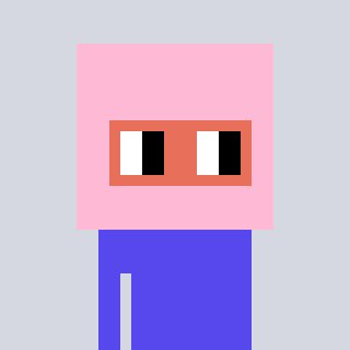 A simple pixel art illustration depicts a pink rectangular character with two white and black eyes above a blue body, set against a light blue background.