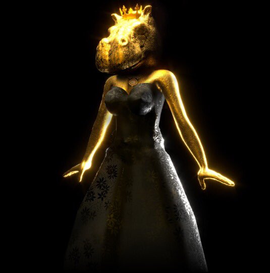A dark, surreal 3D render shows a figure wearing an elegant dark gown, with its head appearing as a fiery, molten form and its arms glowing with bright yellow energy against a black background.