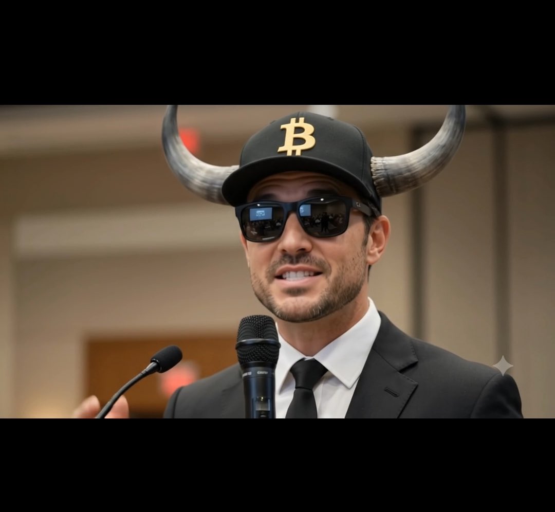 A man in a suit and tie, wearing a black cap with a gold "₿" (Bitcoin) logo and sunglasses, speaks into a microphone while sporting humorous bull horns—visually emphasizing the bullish, "not dead" sentiment for $BTC and $TBB referenced in the post.