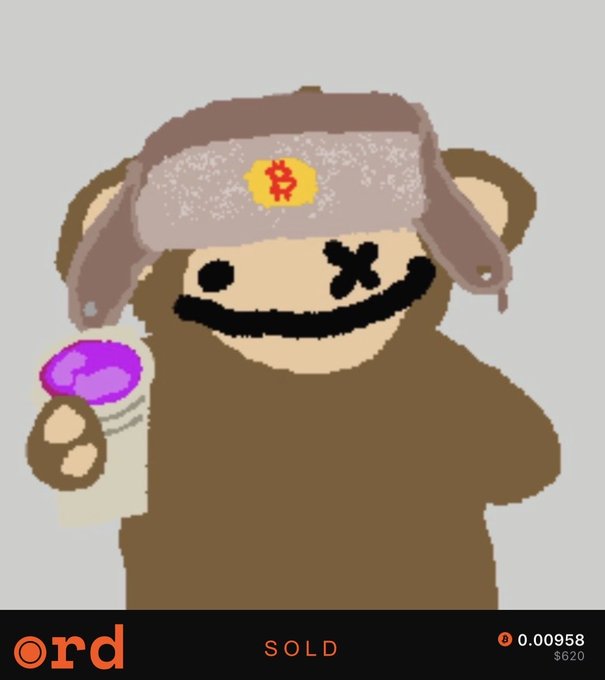 A pixel art drawing of a brown bear-like character wearing a Bitcoin-themed winter hat and holding a purple can, with 'ord', 'SOLD', and '₿ 0.00958 $620' displayed at the bottom.