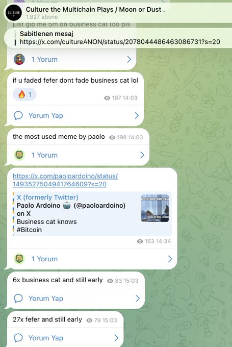 A Telegram chat from "Culture the Multichain Plays / Moon or Dust" discusses the $fefer and $businesscat tokens, with users debating that business cat has been used as a meme "6x business cat and still early" while noting "27x fefer and still early," alongside a quoted tweet from @paolardoino mentioning "Business cat knows #Bitcoin." The image illustrates the community's bullish sentiment on these emerging tokens, supporting the post's claim that both are "still early" with significant upside potential to 100m and 50m respectively.