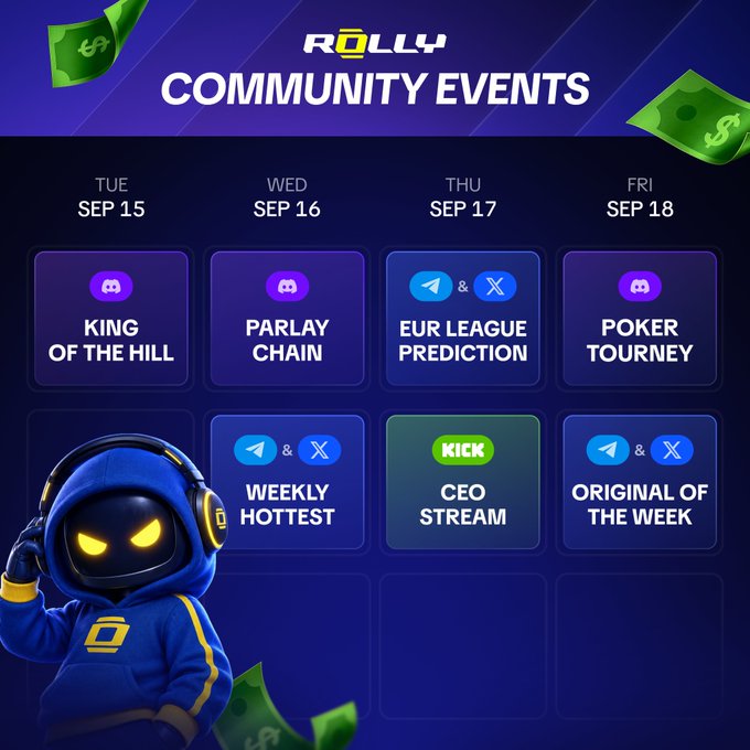 A 'ROLLY COMMUNITY EVENTS' schedule graphic for TUE-FRI SEP 15-18 featuring events like 'KING OF THE HILL', 'PARLAY CHAIN', 'EUR LEAGUE PREDICTION', 'POKER TOURNEY', 'WEEKLY HOTTEST', 'CEO STREAM', and 'ORIGINAL OF THE WEEK', alongside a purple ninja mascot.