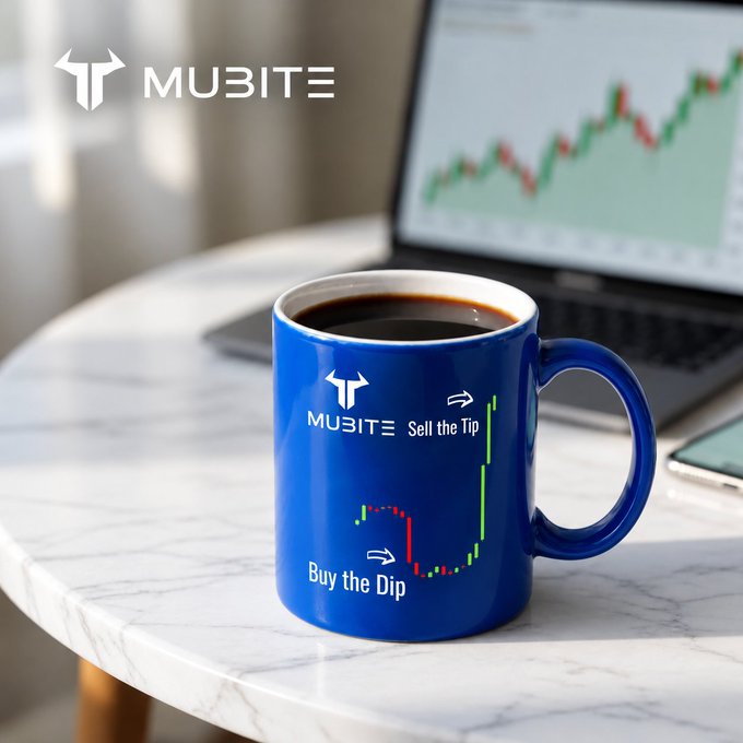 A blue ceramic mug filled with coffee sits on a marble table, featuring the 'MUBITE' logo with a trading chart design that says 'Sell the Tip' and 'Buy the Dip', with a laptop displaying a stock chart in the background and the MUBITE logo at the top.