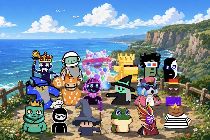 A colorful digital illustration featuring various cartoon avatars, crypto characters (including Bitcoin), and NFT-style figures posed against a scenic coastal cliff backdrop.