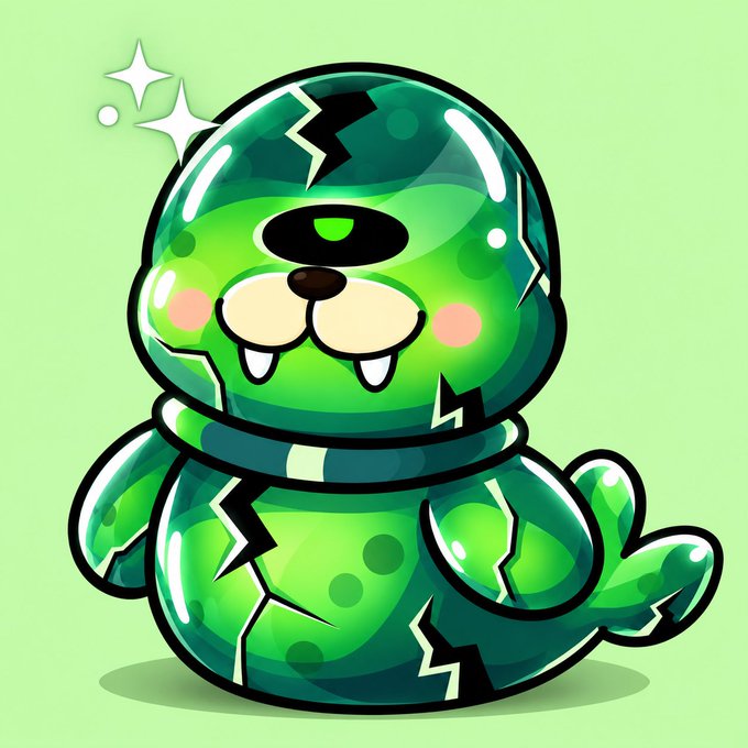 A cartoon illustration of a green, cracked, glass-like creature with one eye and small fangs on a light green background.