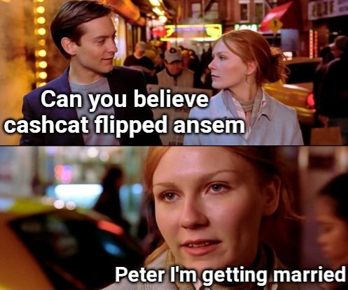 A two-panel meme featuring Tobey Maguire and Kirsten Dunst from Spider-Man with overlaid text: 'Can you believe cashcat flipped ansem' (top) and 'Peter I'm getting married' (bottom).