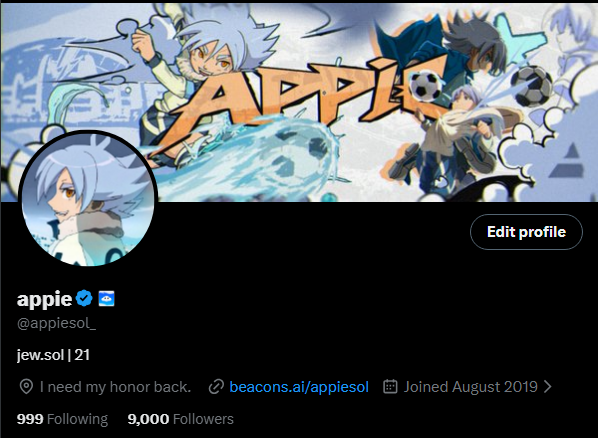 A Twitter/X profile for "appie" (@appiesol_) featuring anime-style art with the text "APPIE" prominently displayed, celebrating 9,000 followers with the bio reading "jew.sol | 21" and "I need my honor back." The profile supports a giveaway post offering 3 SOL to celebrate reaching the 9K follower milestone.