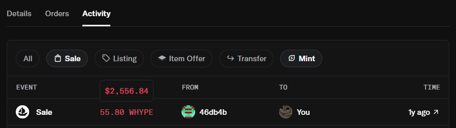 A dark-themed activity tab showing a Sale event for $2,556.84 of 55.80 WHYPE token from '46db4b' to 'You' with a '1y ago' timestamp.