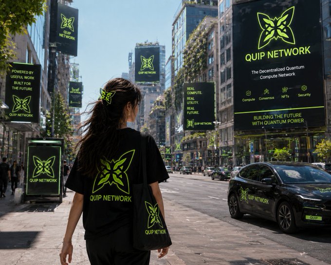 A woman with her back turned wears black 'QUIP NETWORK' branded clothing on a city street, where billboards advertise 'The Decentralized Quantum Compute Network' with the tagline 'BUILDING THE FUTURE WITH QUANTUM POWER.'