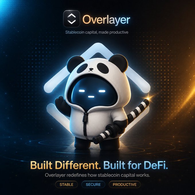 The image features a small white robot wearing a hoodie, holding a sword, and standing against a black background with yellow lines. The text overlaying the image reads "Overlayer" and "Built for DeFi", indicating that this is an advertisement or promotional material related to Overlayer, which is a cryptocurrency exchange platform.

The post also mentions stablecoins and how they can be used as a means of securing capital in the crypto world. It suggests that users should consider using stablecoins instead of traditional fiat currency when investing in digital assets like Bitcoin. The image includes a link to Mint C+ or T+ Non-custodial, which is an online wallet service for storing and trading stablecoins.