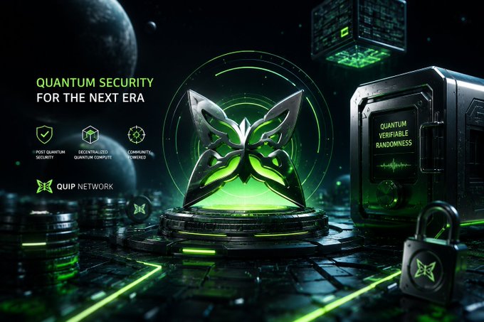 The image shows a 3D rendering of a butterfly made out of green and black elements, surrounded by green circles representing data packets floating above it. The background has a dark blue color with scattered white and green shapes in shades of green and gray. On the left side of the image, there is text that reads "Quantum security for the next era" followed by the quote, "If modern cryptography expires, wallets fail." A black lock can be seen on the right side of the image, symbolizing the importance of securing valuable assets in this digital age.