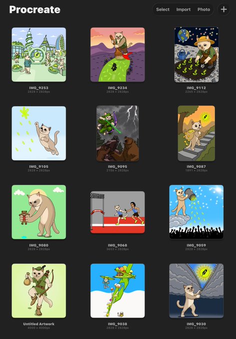 A screenshot of the Procreate app gallery showing a 4x3 grid of 12 digital artworks featuring cats, dogs, and fantasy characters, each labeled with "IMG_####" file names (IMG_9263 through IMG_9030) and dimensions. This corresponds to the poster's progress update, showcasing their first 12 of 100 planned meme art entries created for the @cashcat_token meme contest.