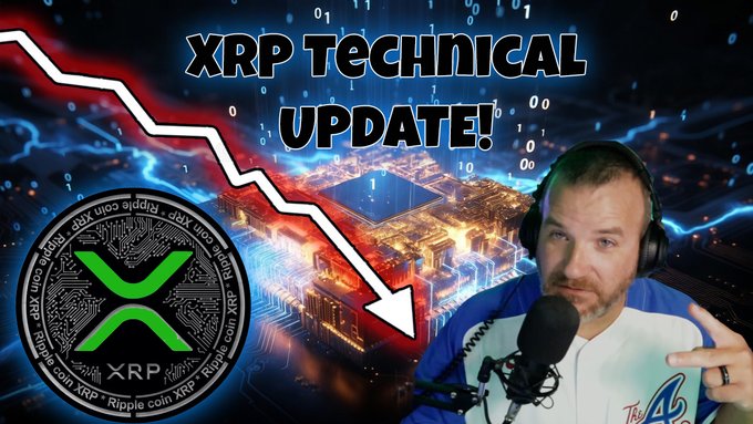 The image shows a man wearing headphones and holding a microphone, possibly hosting or participating in a podcast interview or live stream event. The text displayed next to him reads "XRP technical update", indicating that there has been an update related to Ripple's XRP token, which affects its value or usage within the cryptocurrency space.
