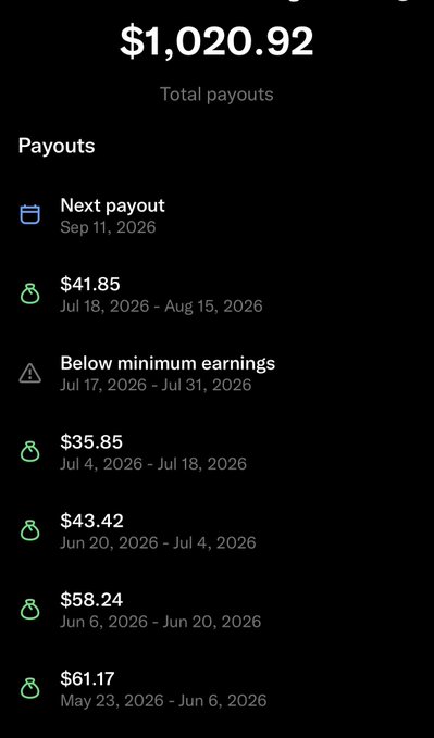A mobile screenshot displays "Total payouts" of $1,020.92, with the "Next payout" scheduled for Sep 11, 2026, and a history of bi-weekly payouts ranging from $35.85 to $61.17 (though one recent period from Jul 17–Jul 31, 2026 was "Below minimum earnings"). This relates to the post's "X payout day" game by revealing the actual upcoming payout amount, which the poster is challenging viewers to guess in exchange for 0.001 HYPE.