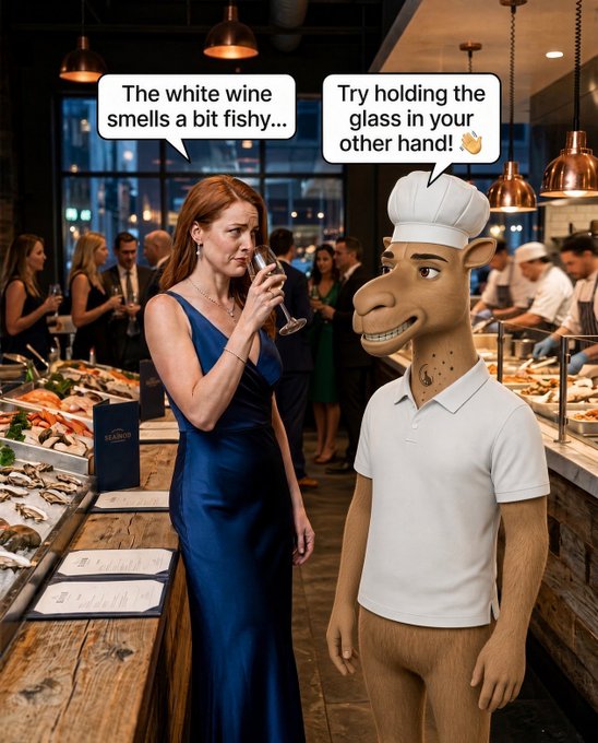 A humorous edited image showing a woman at an oyster/seafood bar saying 'The white wine smells a bit fishy...' while an anthropomorphic camel chef in a white hat replies 'Try holding the glass in your other hand!'.