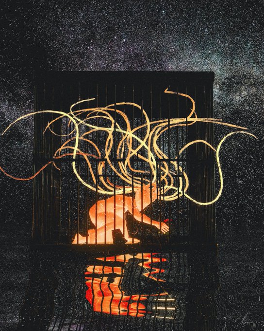 A nude figure kneels behind vertical bars, their hair swirling in dramatic flame-like wisps that reach outward against a dark, starry backdrop. The accompanying text "A little room for hope | 0.2Ξ" (0.2 ETH) suggests a mint price for this evocative digital artwork, which conveys themes of confinement, resilience, and longing for freedom.