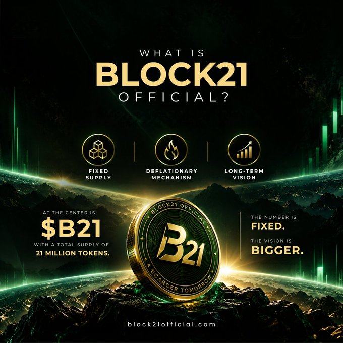 A promotional graphic for 'Block21 Official' highlighting features like Fixed Supply, Deflationary Mechanism, and Long-Term Vision, featuring a central B21 coin with '21 million tokens' and the website block21official.com.
