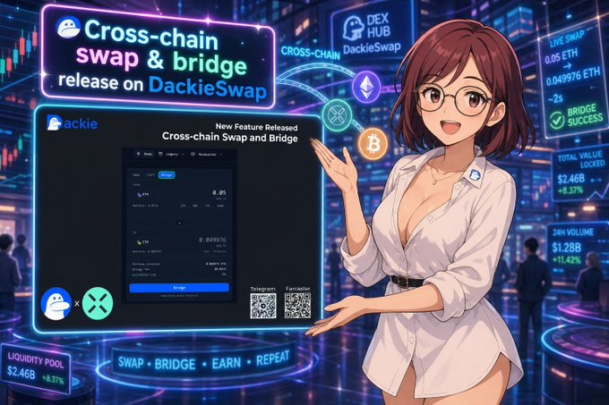 An anime-style promotional graphic for 'DackieSwap' featuring a red-haired woman in a white blouse presenting a 'Cross-chain swap & bridge' interface with crypto trading data.