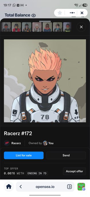 The image shows an openSeaIO app that displays a post about a character named Racerz from the anime "Racing". The post includes a photo of the character, along with some text discussing the character's status as a rare item or artwork. The post also mentions that the character is for sale on the openSeaIO marketplace and has been listed by another user who wants to sell it.
